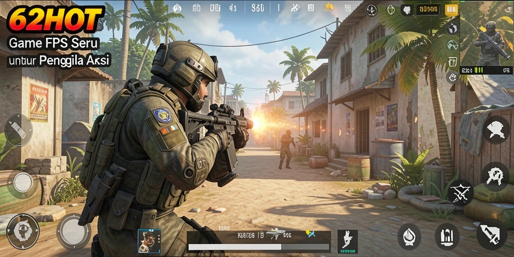 Screenshot gameplay 62HOT menampilkan aksi menembak yang mendebarkan.