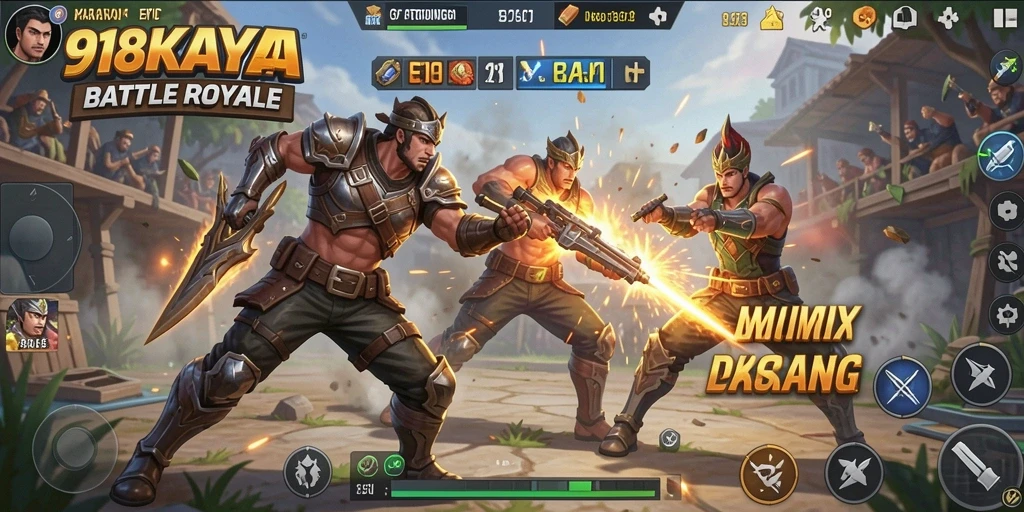 Screenshot gameplay yang intens dari 918KAYA dalam mode Battle Royale.