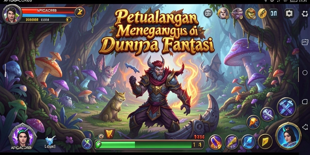 Screenshot gameplay APIGACOR88 dengan karakter menjelajah dunia fantastis.