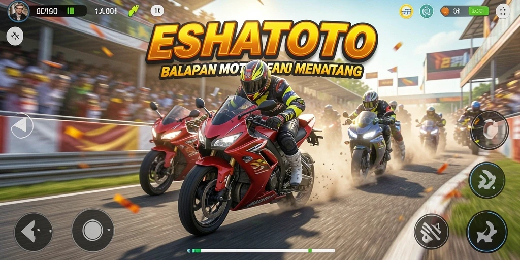 Screenshot ESHATOTO menampilkan aksi balapan motor yang mendebarkan.