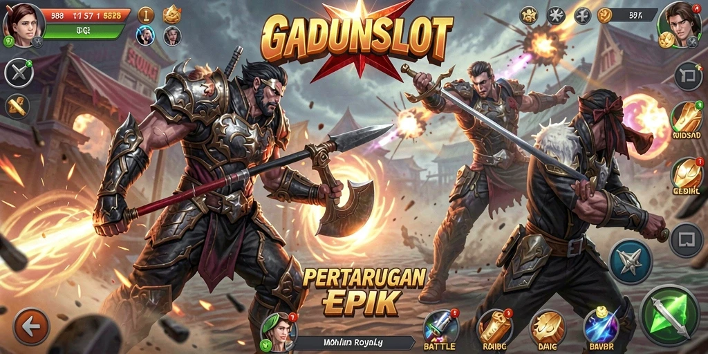 Gameplay GADUNSLOT yang seru dan penuh aksi di arena Battle Royale.