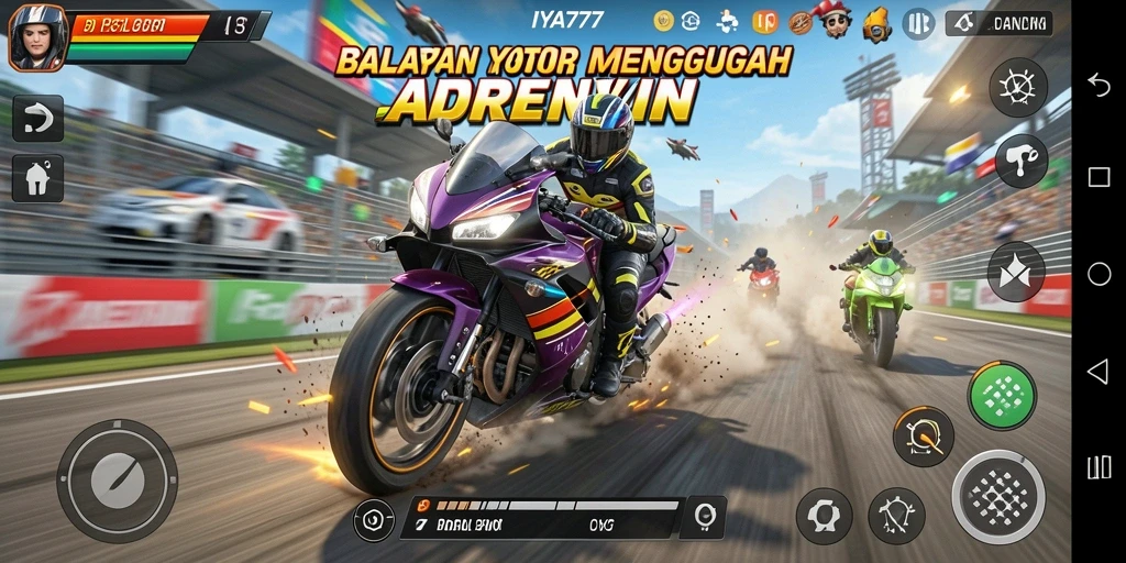 Tampilan gameplay menegangkan dari IYA777 saat balapan motor.