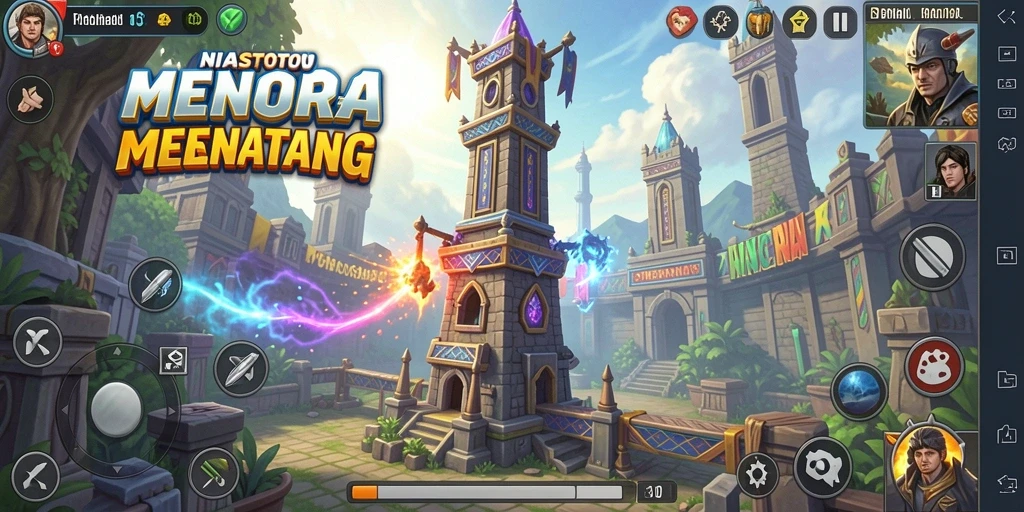 Screenshot utama NIASTOTO menampilkan menara yang melawan gelombang musuh.