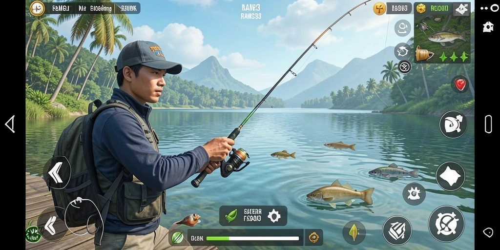 Screenshot RANS303 menampilkan pemain menangkap ikan di pemandangan yang indah.