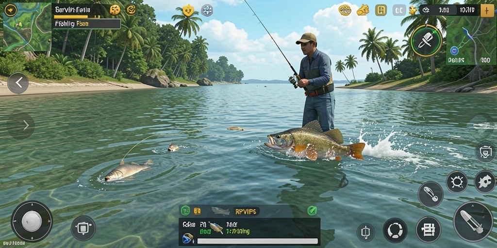 Tampilan screenshot menunjukkan pemain asyik memancing di lokasi indah.