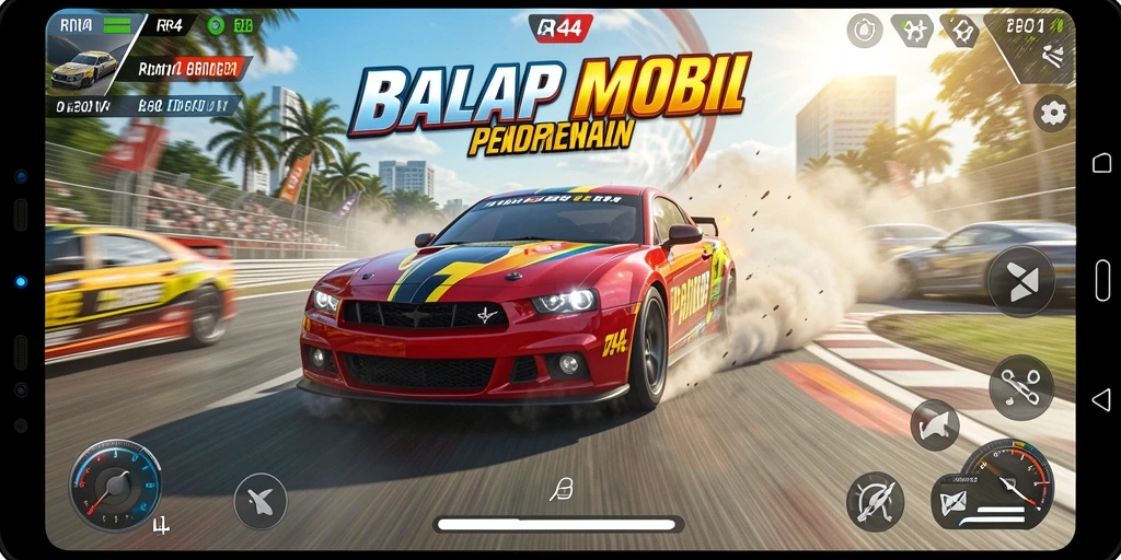Tampilan utama gameplay <strong>RR44</strong> saat balapan yang mendebarkan dan adrenalin tinggi.