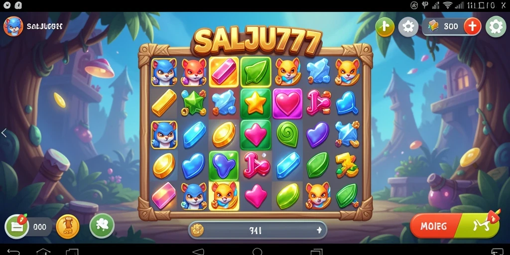Screenshot utama SALJU777 menampilkan gameplay Match-3 seru dan penuh warna.