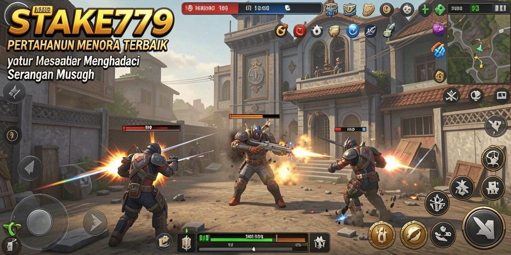 Gambaran gameplay STAKE779 dengan aksi pertahanan menara yang intens.