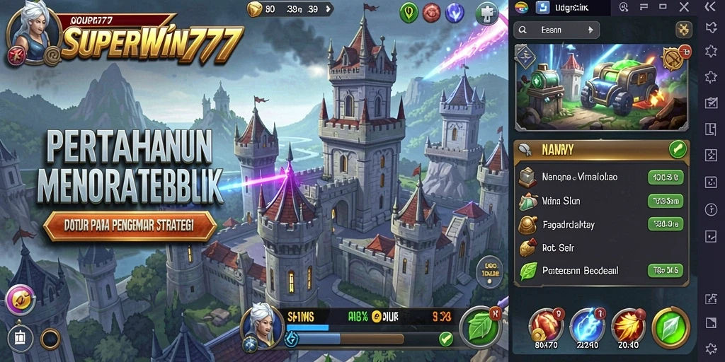Screenshot gameplay SUPERWIN777 menampilkan menara yang strategis dan serangan musuh.
