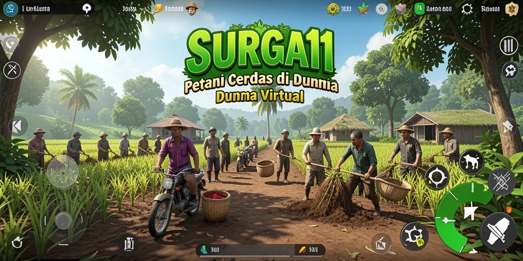 Tampilan gameplay SURGA11 yang menampilkan aktivitas bertani dan beternak.